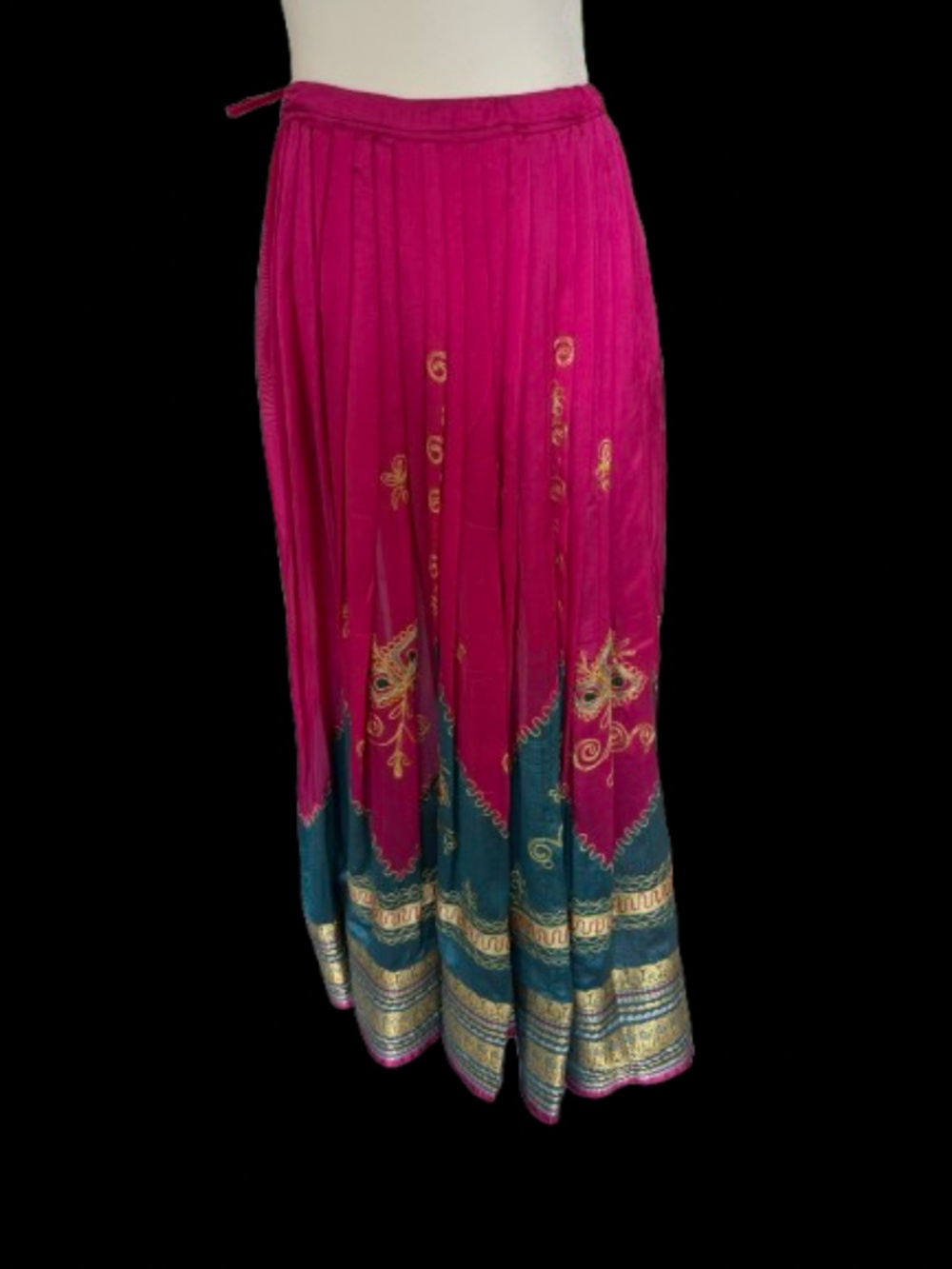 Women's Silk Sari Skirt, S-M, Fuscia, Teal, Embroidered, Drawstring waist.